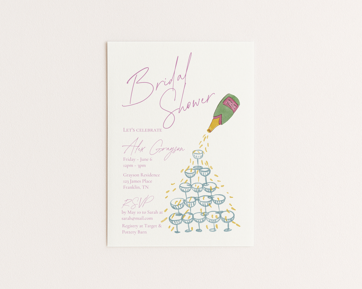 Bridal Shower Invitation | Hand Drawn Champagne Tower Design | Canva Template