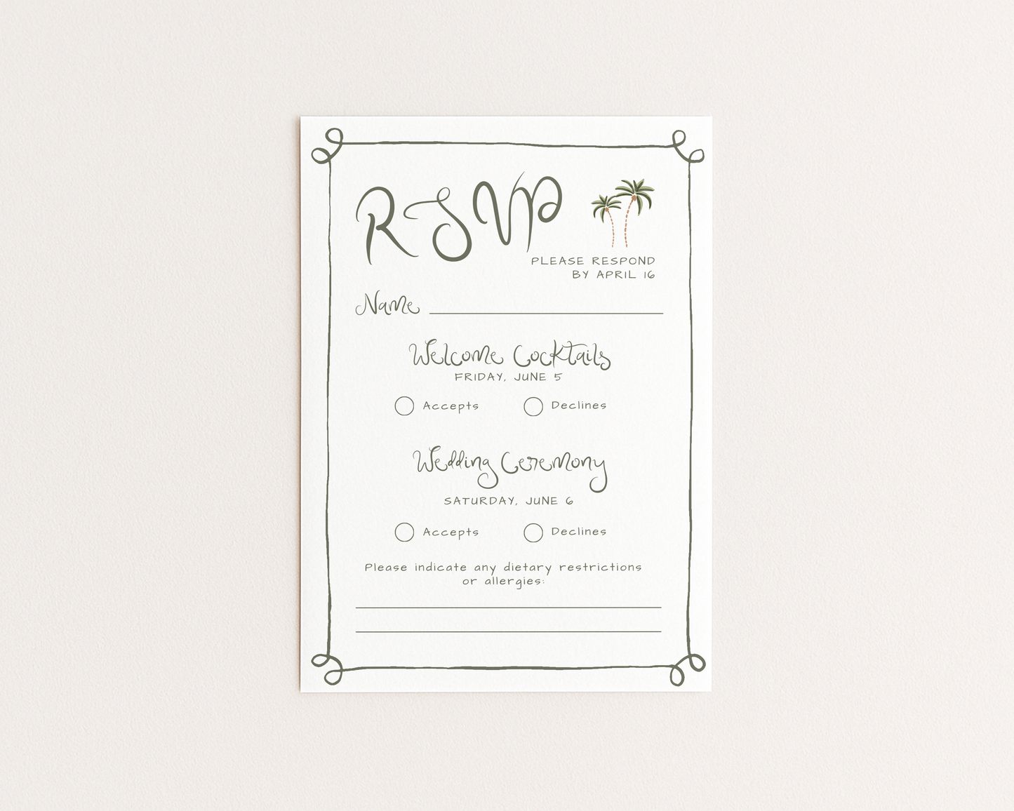 Whimsical Coastal Wedding Invitation Suite | Hand Drawn Palm Tree Design | Canva Template