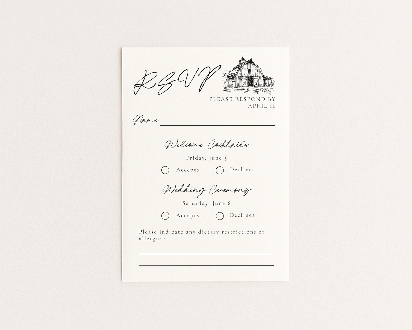Rustic Wedding Invitation Suite | Hand Drawn Barn Design | Canva Template