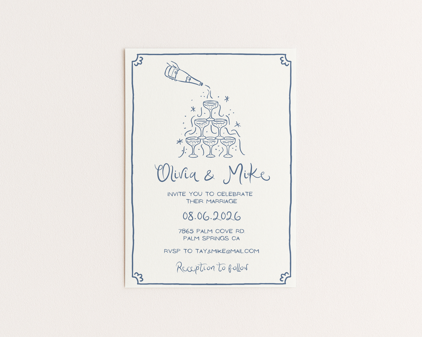 Whimsical Champagne Tower Wedding Invitation | Hand Drawn Champagne Tower Design | Canva Template