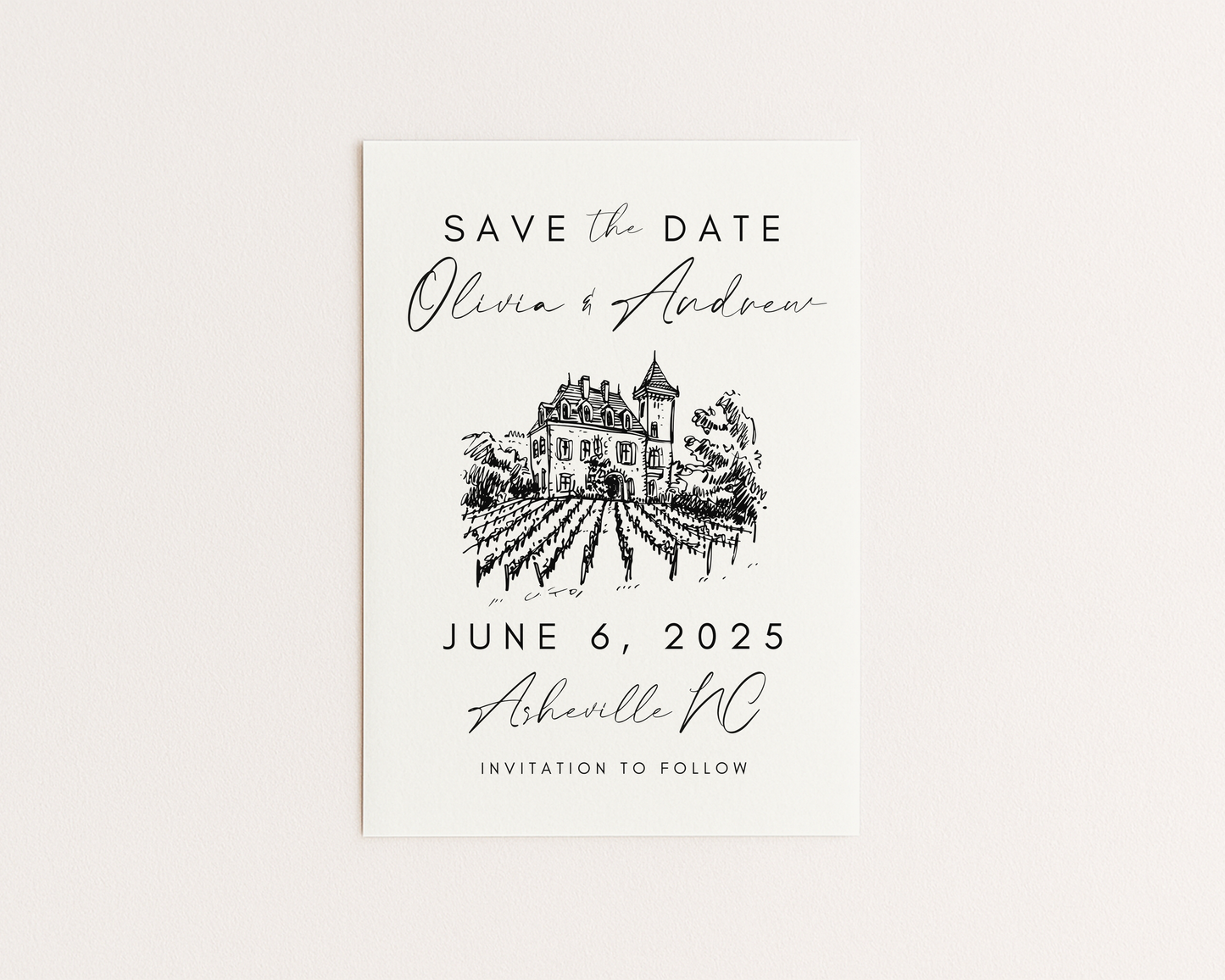 Wedding Save the Date | Hand Drawn Chateau Vineyard Design | Canva Template