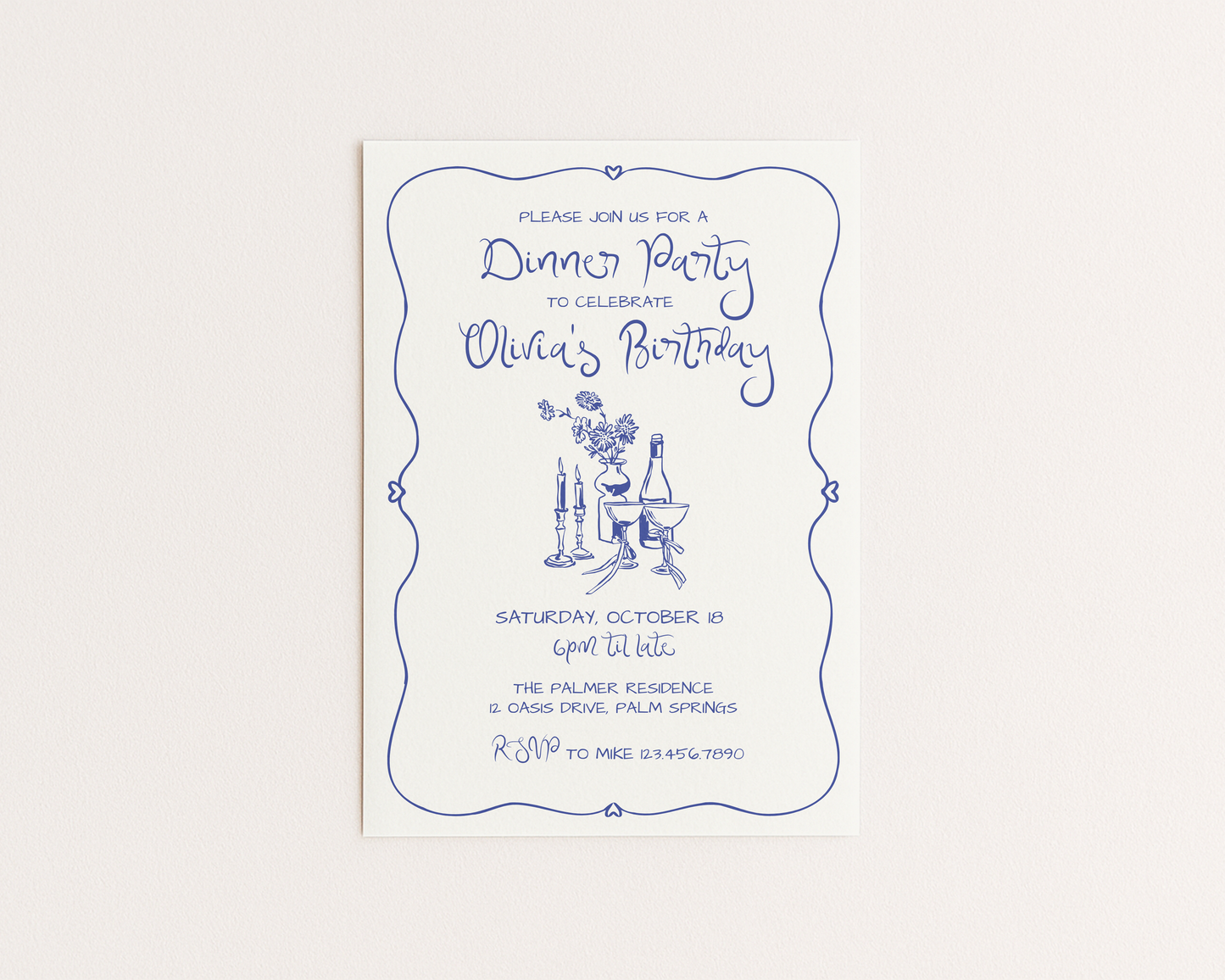 Dinner Party Invitation | Hand Drawn Candle & Champagne Design | Canva Template