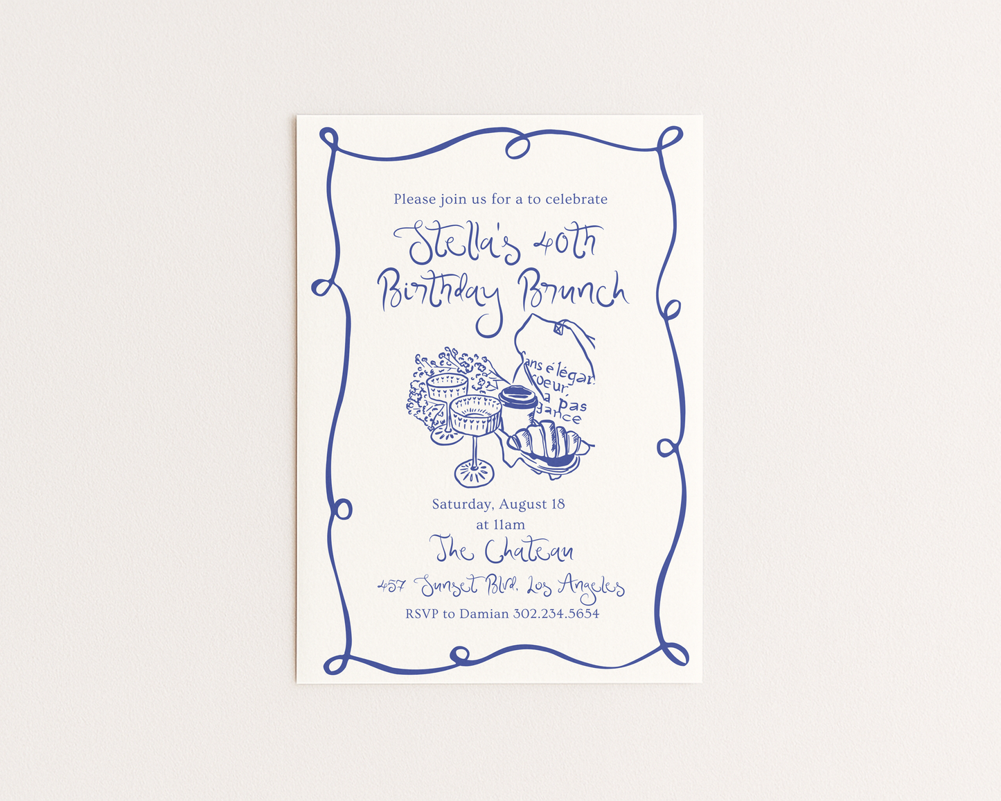 Brunch Invitation | Hand Drawn Parisian Croissant & Champagne Design | Canva Template