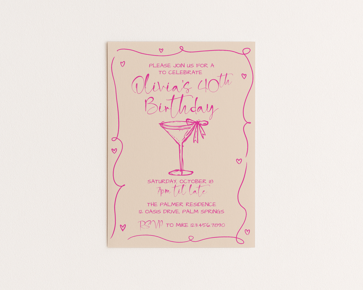Martini Cocktail Party Invitation | Hand Drawn Martini Glass with Bow Design | Canva Template