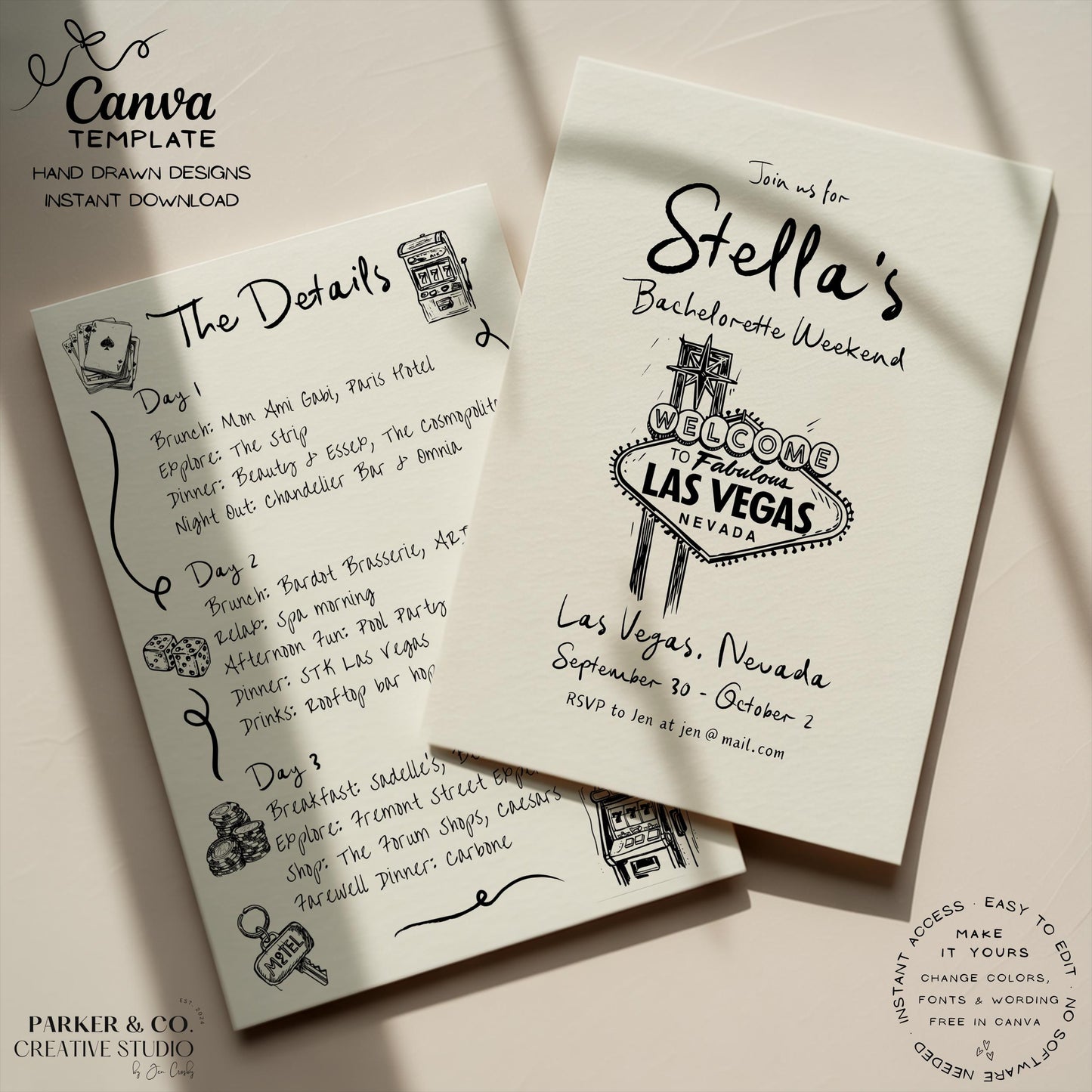 Las Vegas Bachelor & Bachelorette Invitation | Weekend Itinerary Details Card | Canva Template