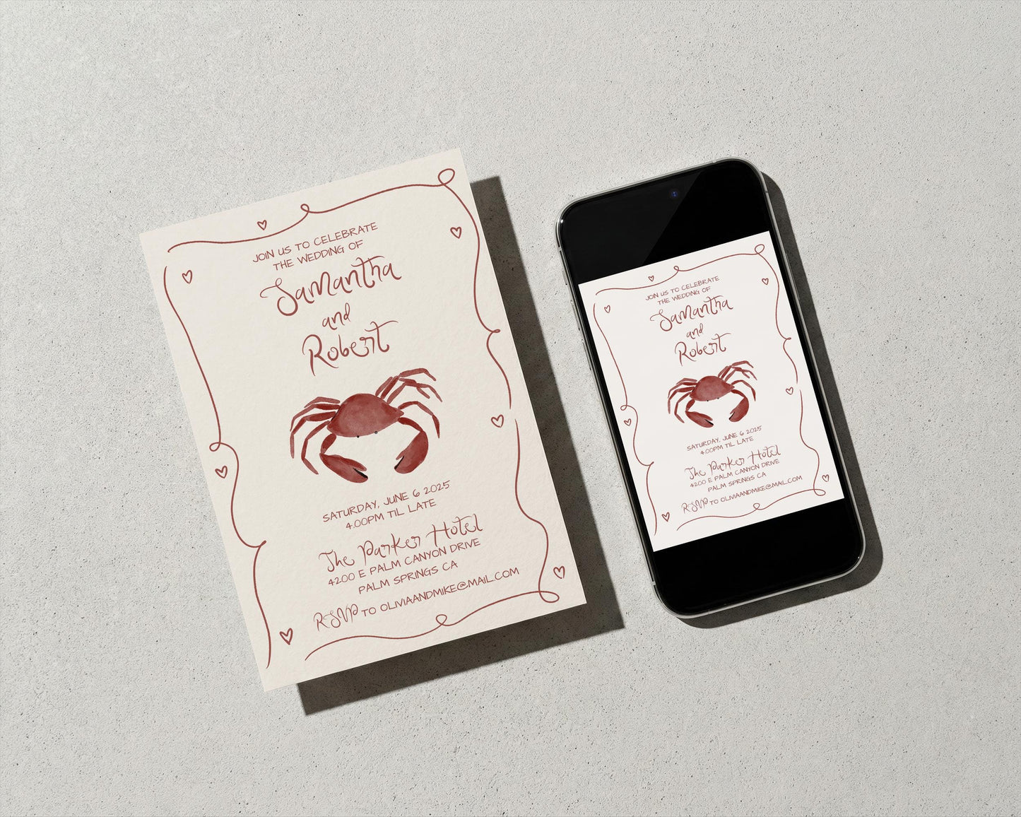 Whimsical Coastal Wedding Invitation | Hand Drawn Crab Design | Canva Template