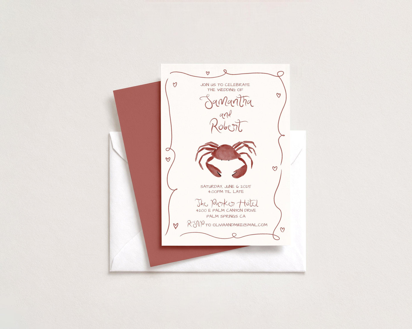 Whimsical Coastal Wedding Invitation | Hand Drawn Crab Design | Canva Template