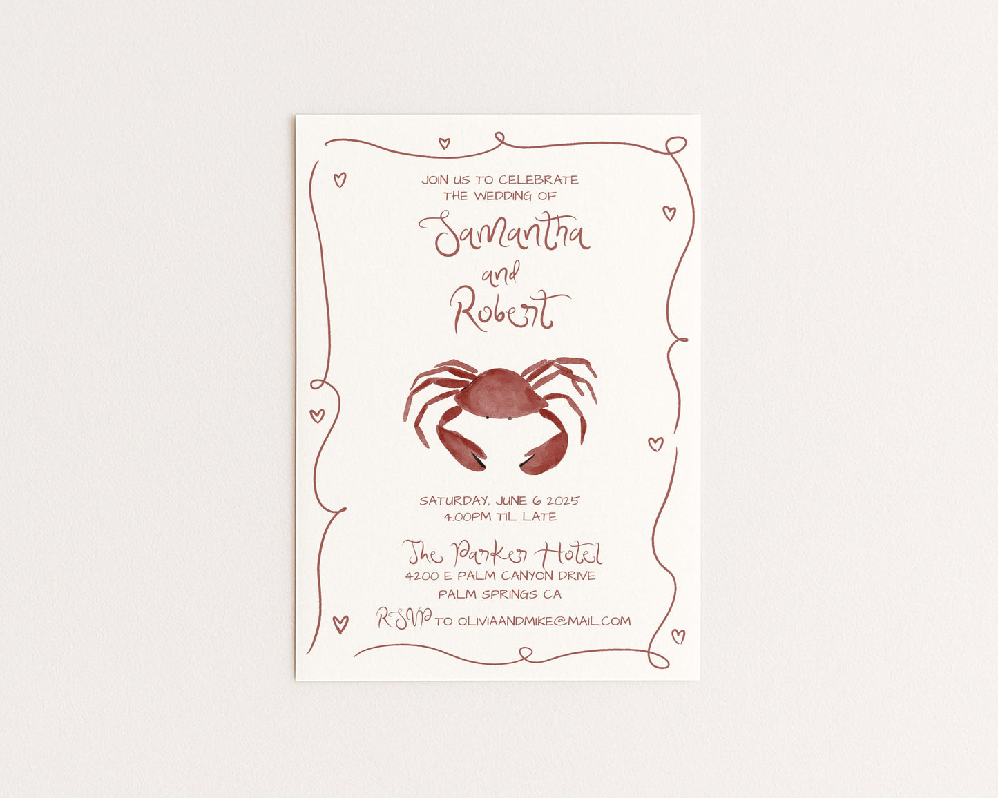 Whimsical Coastal Wedding Invitation | Hand Drawn Crab Design | Canva Template