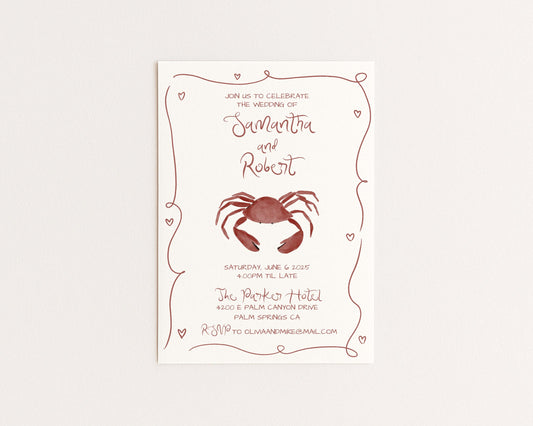 Whimsical Coastal Wedding Invitation | Hand Drawn Crab Design | Canva Template