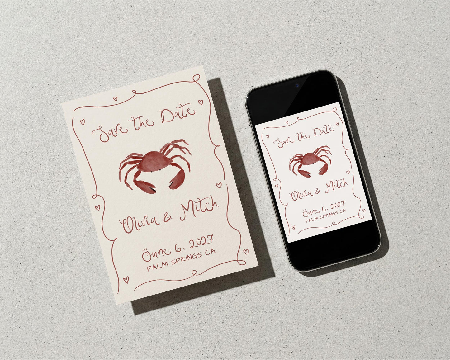 Wedding Save the Date | Whimsical Coastal Crab Design | Canva Template